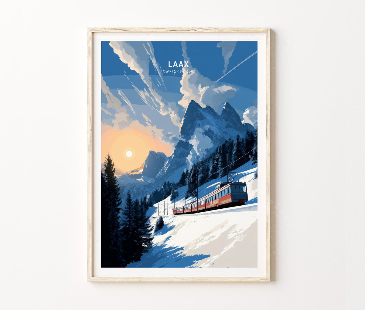 Switzerland Winter Peaks Travel Poster – Laax Wall Art Print
