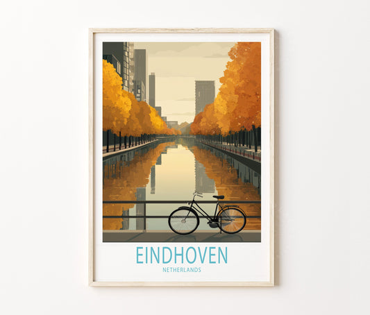 Eindhoven Travel Poster – Canal Bicycle Autumn City Wall Art Print