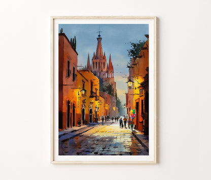 San Miguel de Allende Travel Poster – Historic Street Scene Wall Art Print