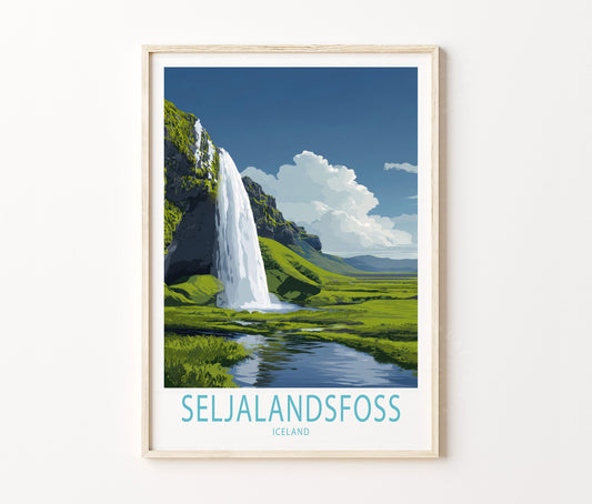 Seljalandsfoss Travel Poster – Waterfall Landscape Scenic Wall Art Print