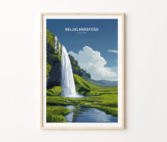 Seljalandsfoss Travel Poster – Scenic Waterfall Nature Wall Art Print