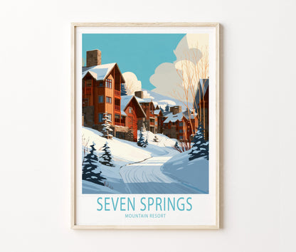 Seven Springs Winter Village Travel Poster – Snowy Mountain Lodges Wall Art Print