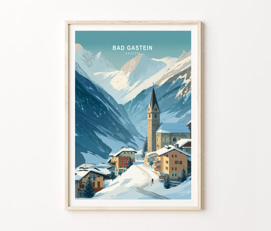 Austrian Alpine Village View Travel Poster – Bad Gastein Winter Wall Art Print