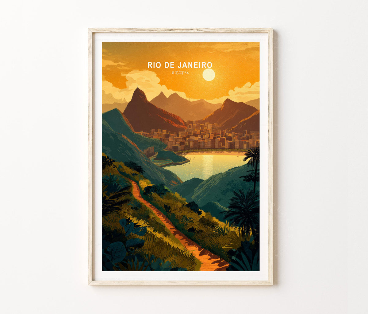 Rio de Janeiro Bay View Travel Poster – Sunset City Wall Art Print