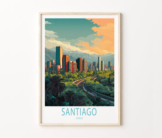 Santiago Travel Poster – Cityscape at Sunset Wall Art Print