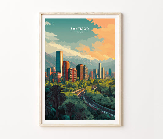 Sunset Over Santiago Travel Poster – Andean Skyline Views Wall Art Print
