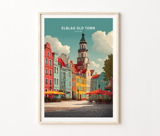 Elbląg Old Town Travel Poster – Colorful Market Square Wall Art Print