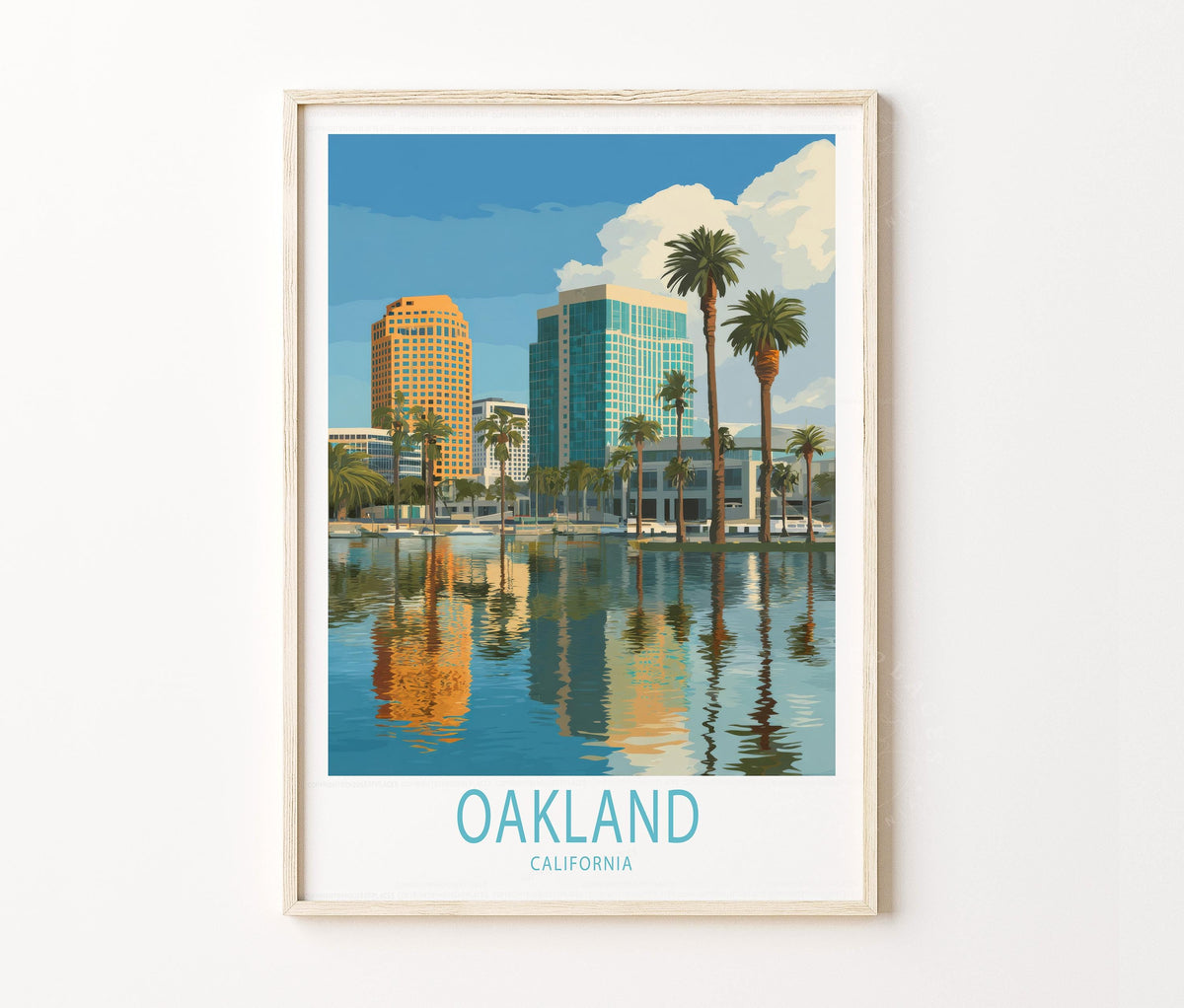 Oakland California Waterfront Travel Poster – Palm Lined Skyline Wall Art Print
