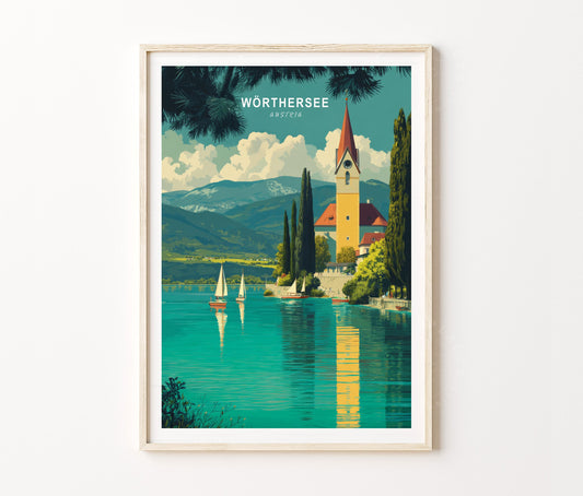 Alpine Travel Poster – Wörthersee Lakeside Scene Wall Art Print