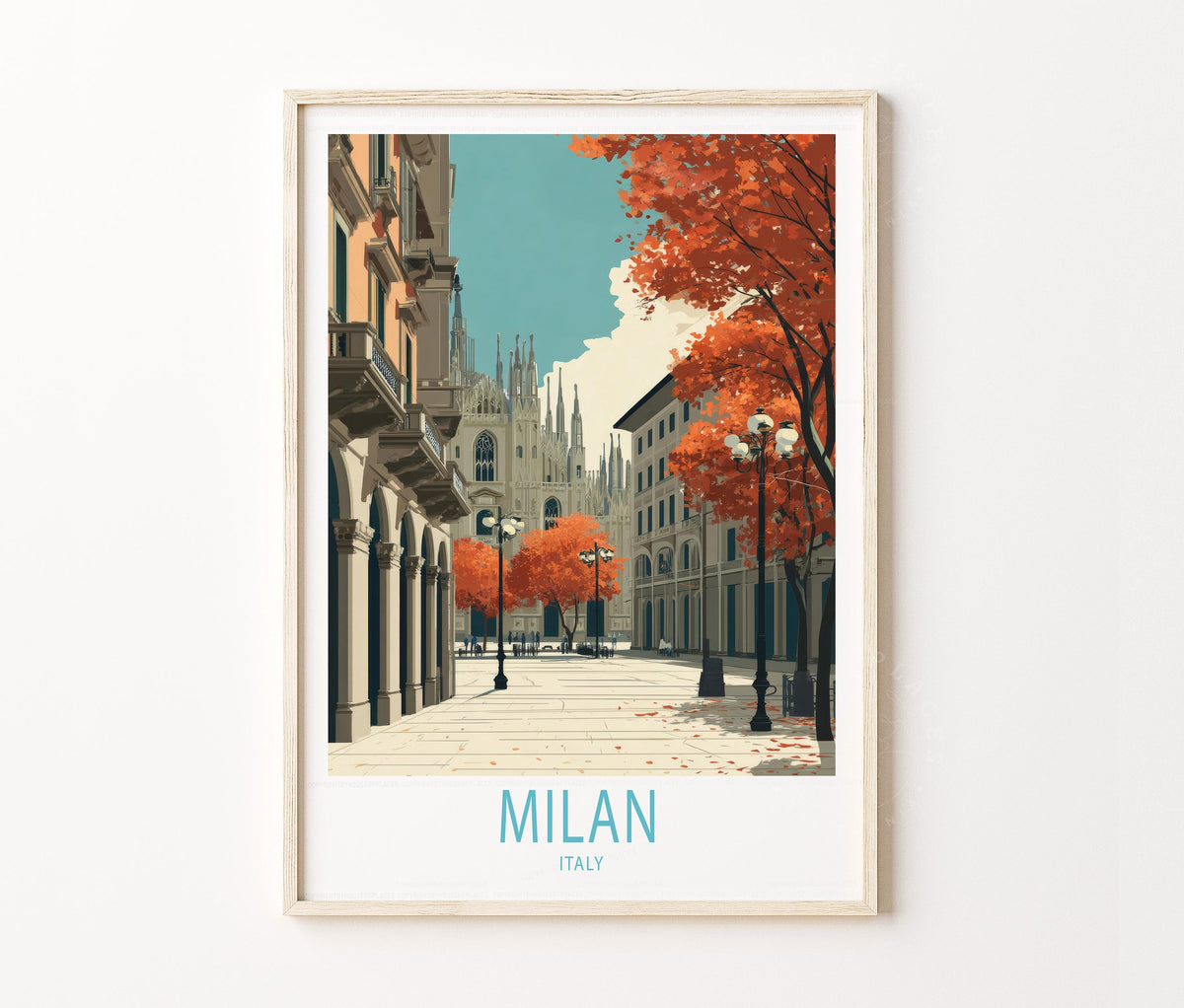 Northern Italy Urban Scene Travel Poster – Autumn Streets Milan Wall Art Print