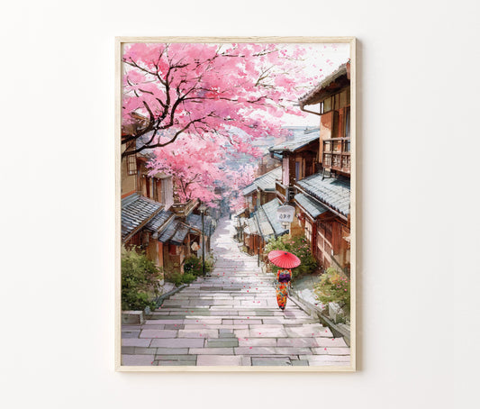 Kyoto Travel Poster – Cherry Blossom Street Wall Art Print