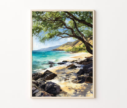 Hulopoe Valley Travel Poster – Tropical Beach Wall Art Print