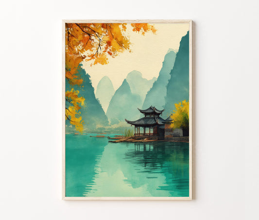 Yangshuo Travel Poster – Li River Karst Mountains Wall Art Print