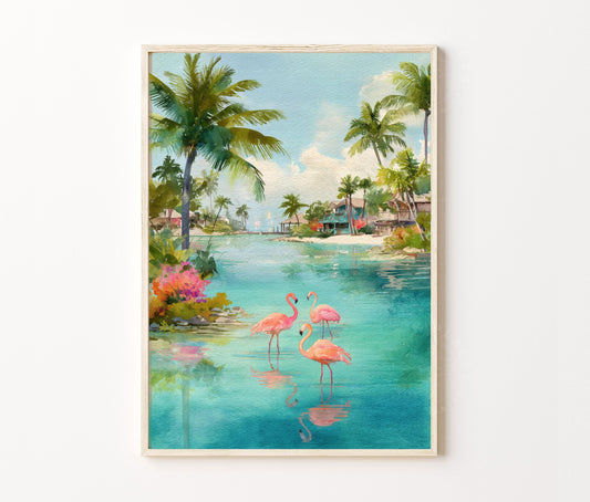 Aruba Caribbean Travel Poster – Flamingo Beach Wall Art Print