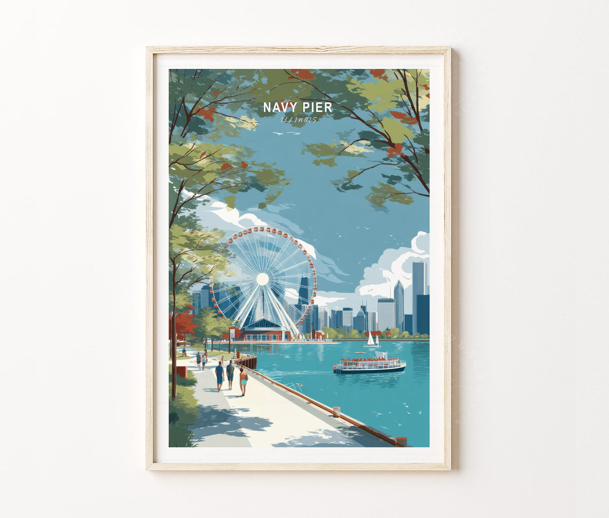 Navy Pier Chicago Travel Poster – Lakefront Skyline Wall Art Print