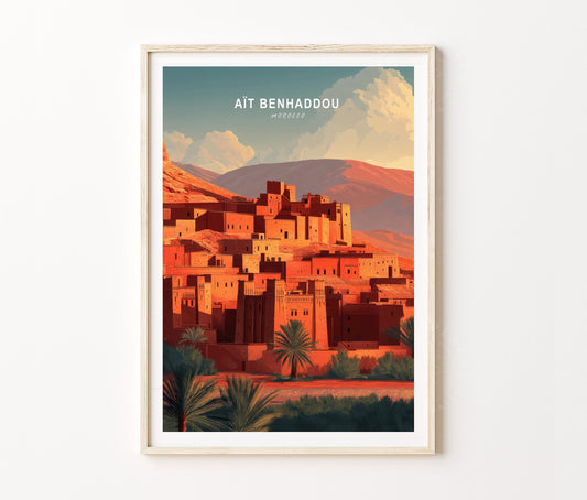 Ait Benhaddou Travel Poster – Atlas Mountains Ksar Desert Wall Art Print