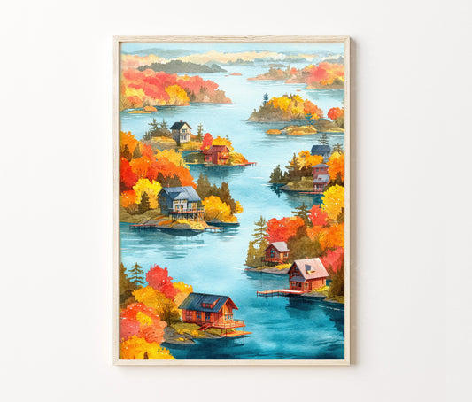 Thousand Islands Travel Poster – Autumn Lake Wall Art Print