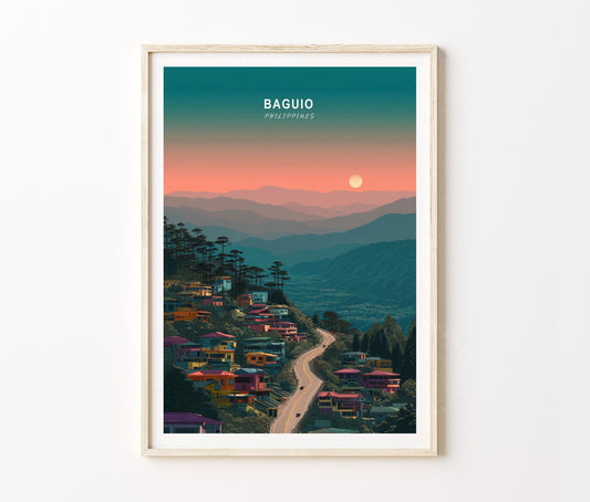 Baguio Travel Poster – Mountain Town Sunset Landscape Wall Art Print