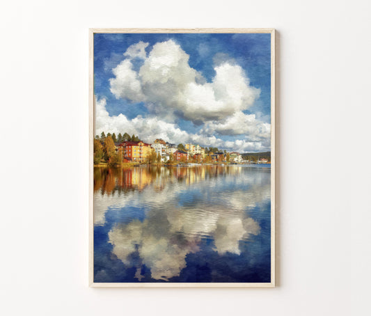 Östersund Travel Poster – Lake Reflection Town Wall Art Print