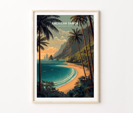 American Samoa National Park Travel Poster – Tropical Island Mountain Beach Wall Art Print