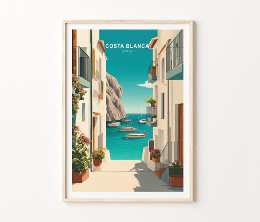Costa Blanca Travel Poster – Coastal Alley Sea View Wall Art Print