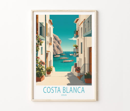 Costa Blanca Travel Poster – Mediterranean Coastal Village Sea Wall Art Print