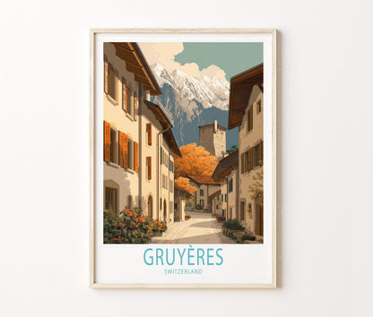 Gruyères Travel Poster – Gruyeres Village Alpine Street Wall Art Print