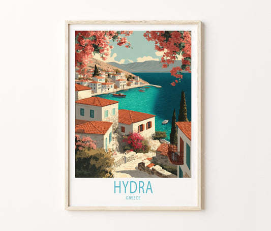 Hydra Travel Poster – Island Coastal Village Sea Wall Art Print