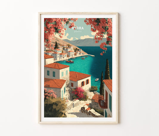 Hydra Travel Poster – Mediterranean Coastal Village Landscape Wall Art Print