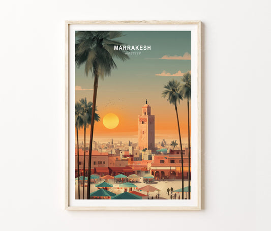 Marrakesh Travel Poster – Koutoubia Mosque Sunset City Wall Art Print