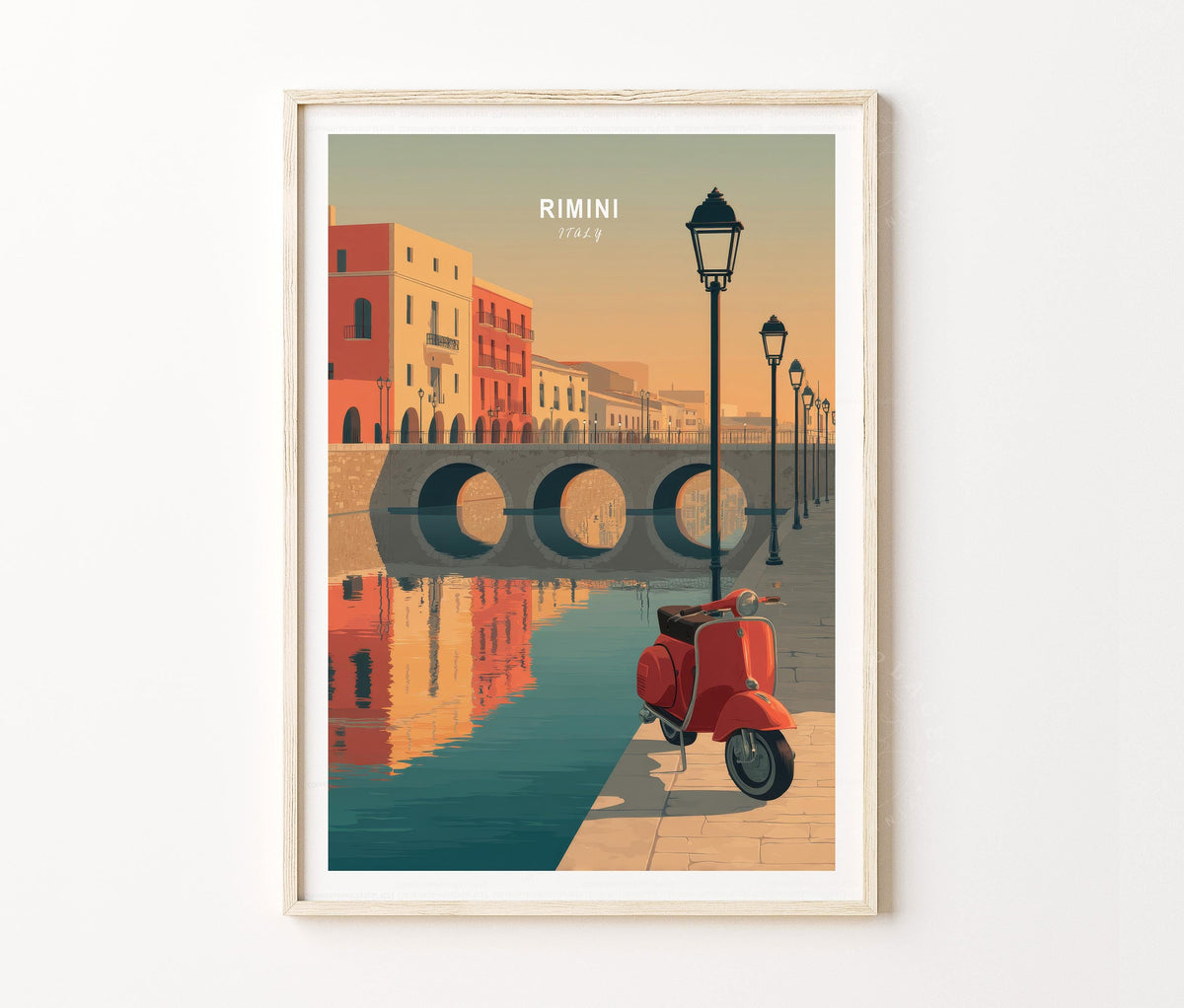 Rimini Travel Poster – Canal Bridge Sunset Cityscape Wall Art Print