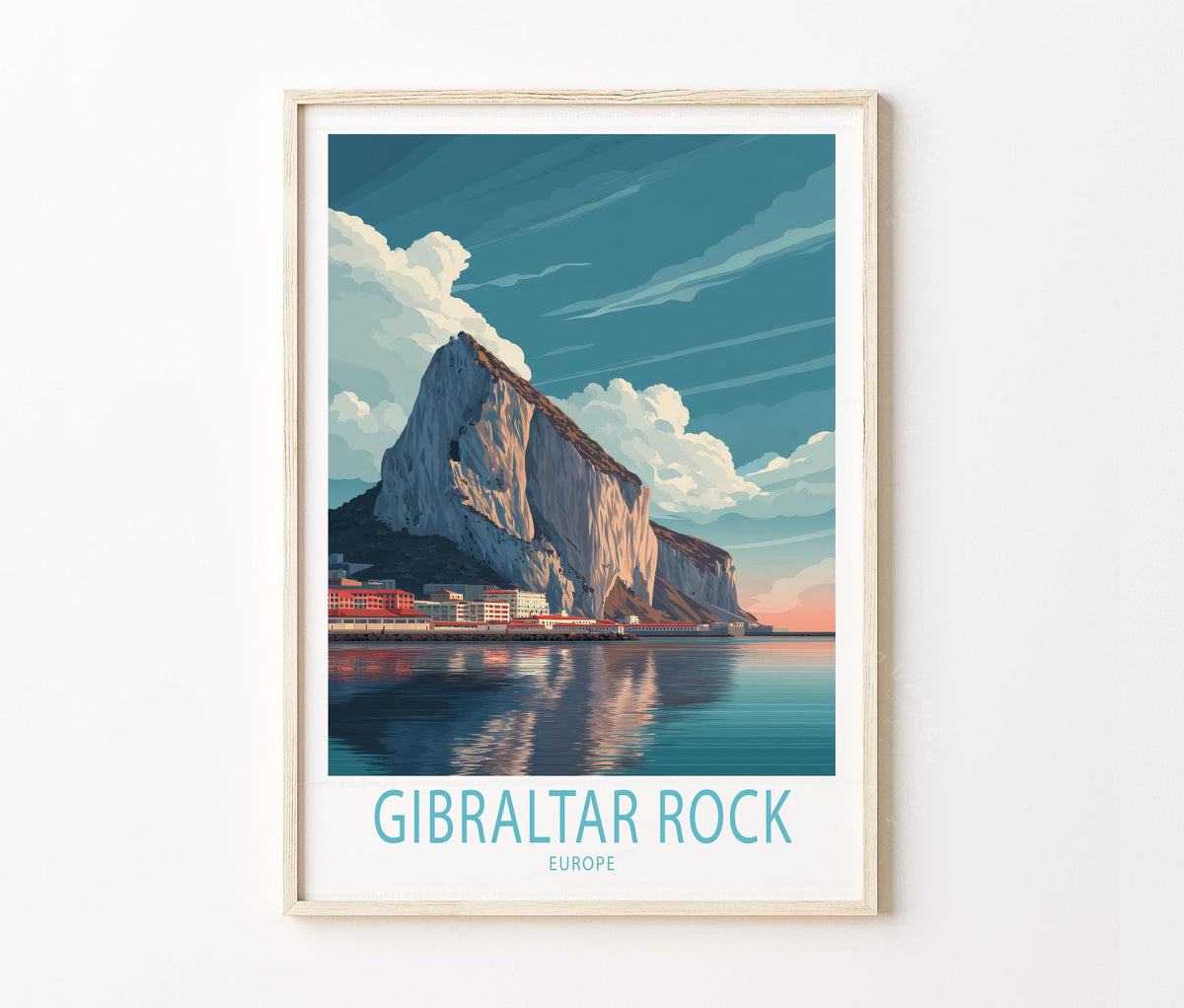 Gibraltar Rock Europe Travel Poster – Coastal Mountain Reflection Wall Art Print