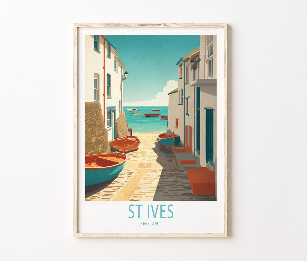 St Ives Travel Poster – Harbour Boats Coastal Alley Wall Art Print