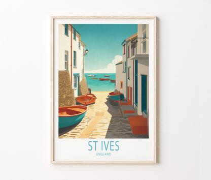 St Ives Travel Poster – Harbour Boats Coastal Alley Wall Art Print