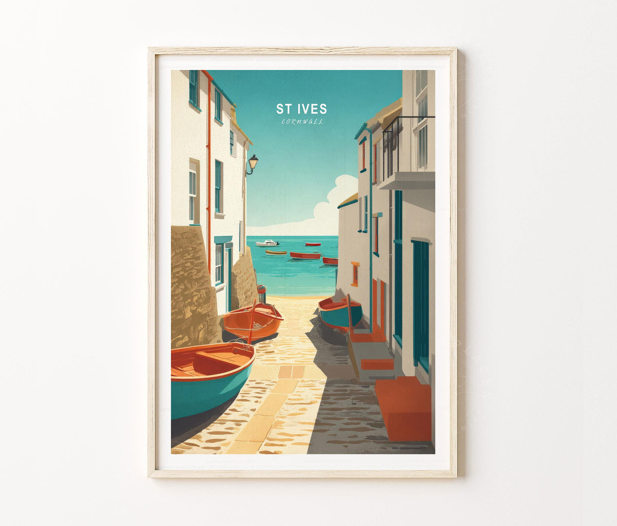 St Ives Travel Poster – Coastal Village Boat Street Wall Art Print