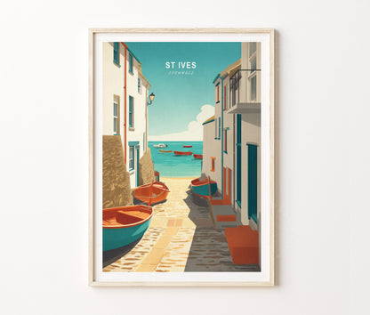 St Ives Travel Poster – Coastal Village Boat Street Wall Art Print