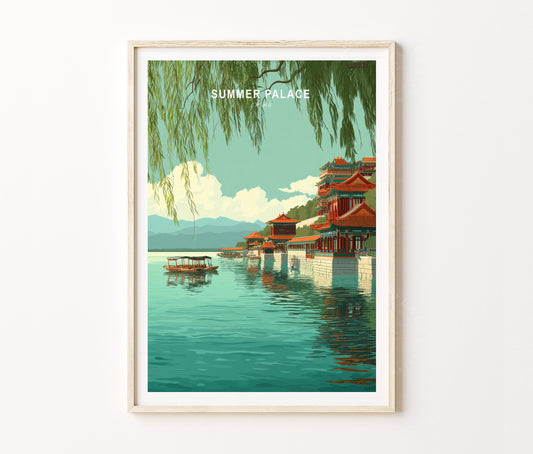 Summer Palace Travel Poster – Pagoda Lake Reflection Landscape Wall Art Print
