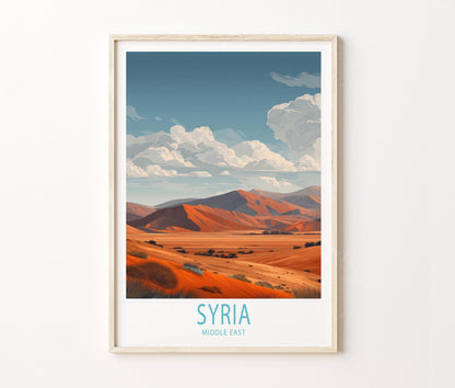 Syria Travel Poster – Desert Dunes Mountain Landscape Wall Art Print