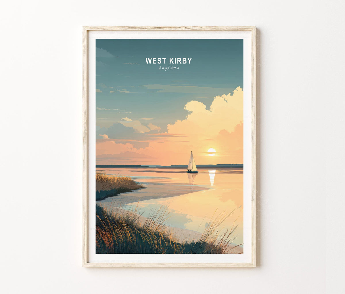 West Kirby Travel Poster – Coastal Sunset Sailboat Landscape Wall Art Print