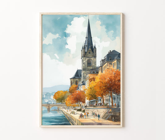 Bonn Travel Poster – Riverside Church Autumn Wall Art Print