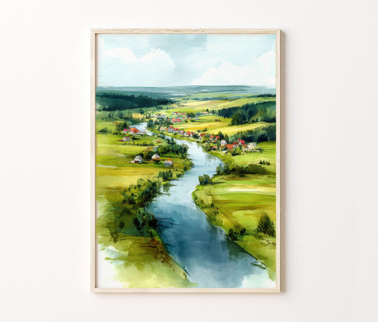 Lithuania Travel Poster – River Countryside Landscape Wall Art Print