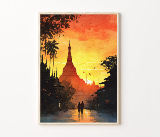 Yangon Travel Poster – Pagoda Sunset Street Wall Art Print