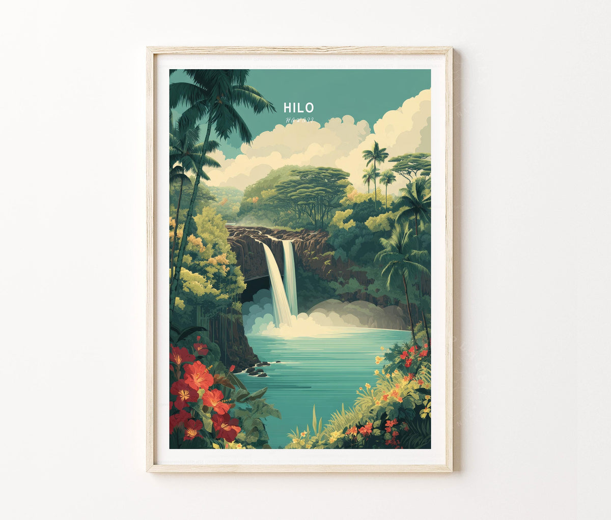 Hilo Travel Poster – Waterfall Tropical Jungle Landscape Wall Art Print