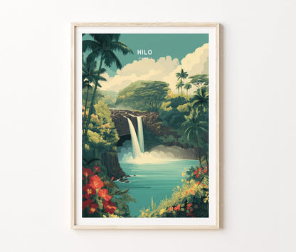 Hilo Travel Poster – Waterfall Tropical Jungle Landscape Wall Art Print