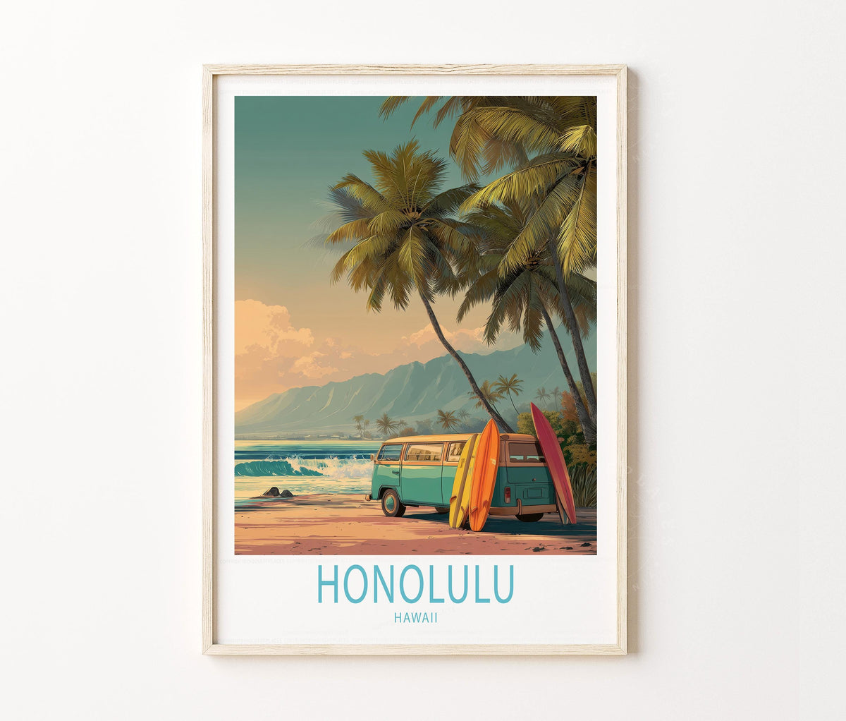 Honolulu Travel Poster – Beach Surf van Palm Wall Art Print
