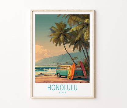 Honolulu Travel Poster – Beach Surf van Palm Wall Art Print