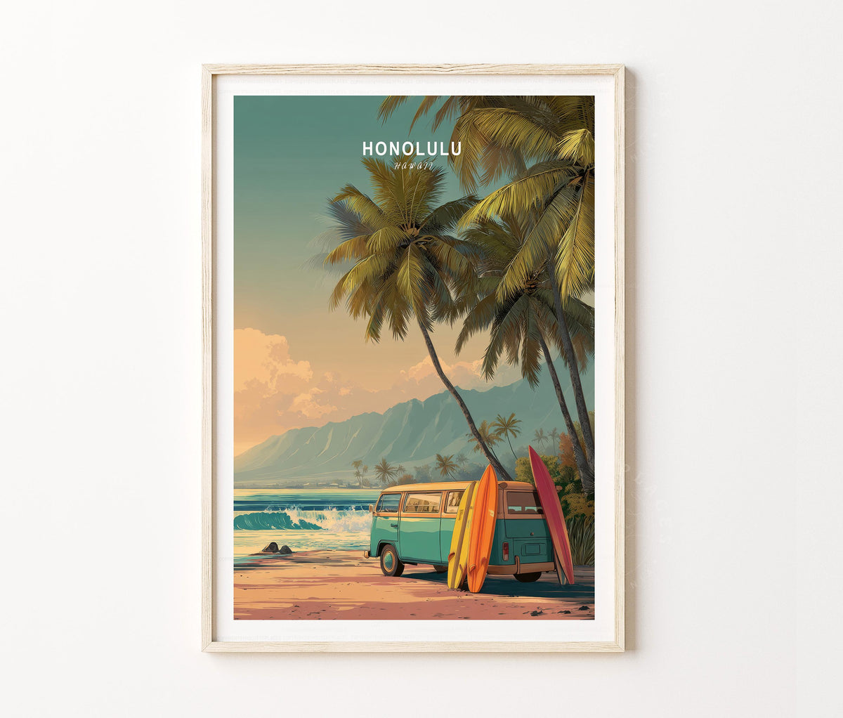 Honolulu Travel Poster – Surf Beach van Sunset Wall Art Print