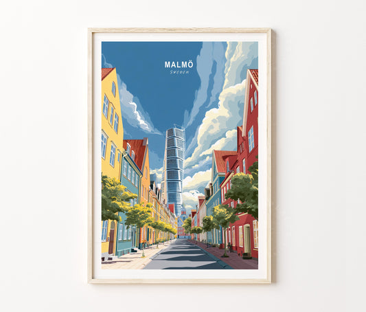 Malmo Travel Poster – Colorful Street Skyline Wall Art Print