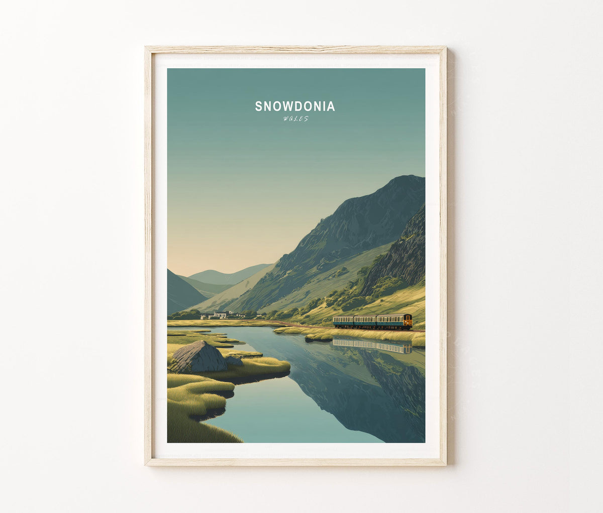 Snowdonia Travel Poster – Mountain Train Lake Wall Art Print
