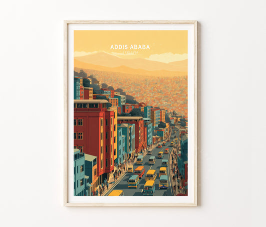 Addis Ababa Travel Poster – Urban Hillside Cityscape Wall Art Print